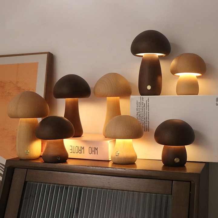 Wooden Mushroom LED Night Light - Rechargeable & Portable